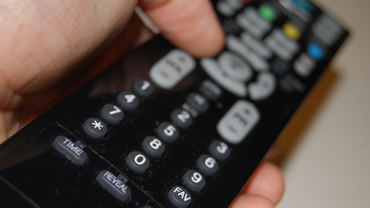 Photo by espensorvik, licensed under CC BY 2.0 (Wikimedia Commons) Close-up of a hand pressing buttons on a television remote control while channel surfing